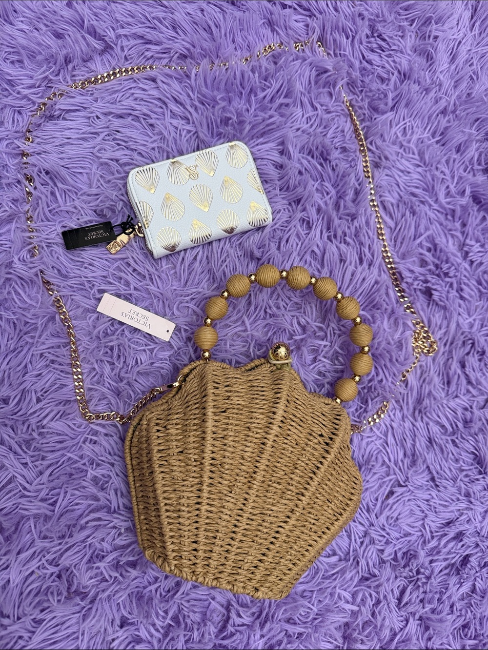 Victoria's Secret Tan Woven Shell Mini Crossbody with Beaded Handle & Wallet